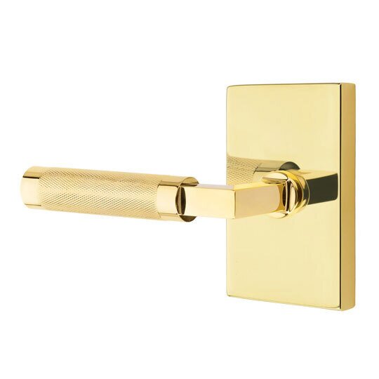 Passage Knurled Left Handed Lever with L-Square Stem and Modern Rectangular Rose in Unlacquered Brass