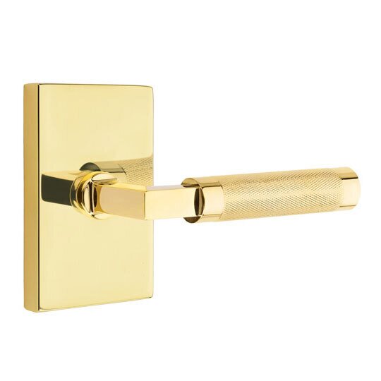 Passage Knurled Right Handed Lever with L-Square Stem and Modern Rectangular Rose in Unlacquered Brass
