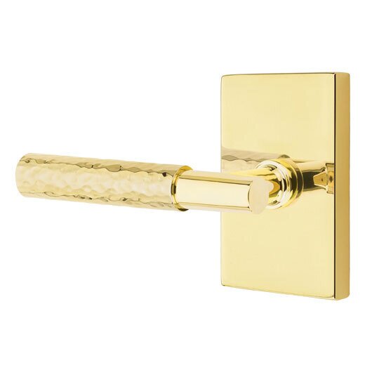 Passage Hammered Left Handed Lever with T-Bar Stem and Modern Rectangular Rose in Unlacquered Brass