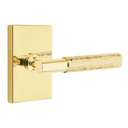 Passage Hammered Right Handed Lever with T-Bar Stem and Modern Rectangular Rose in Unlacquered Brass