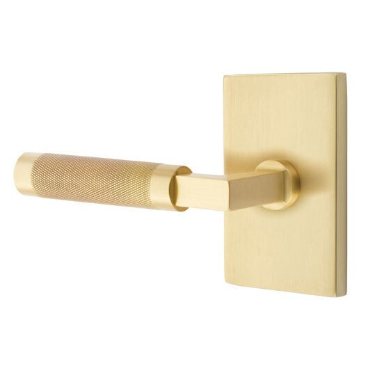 Passage Knurled Left Handed Lever with L-Square Stem and Modern Rectangular Rose in Satin Brass
