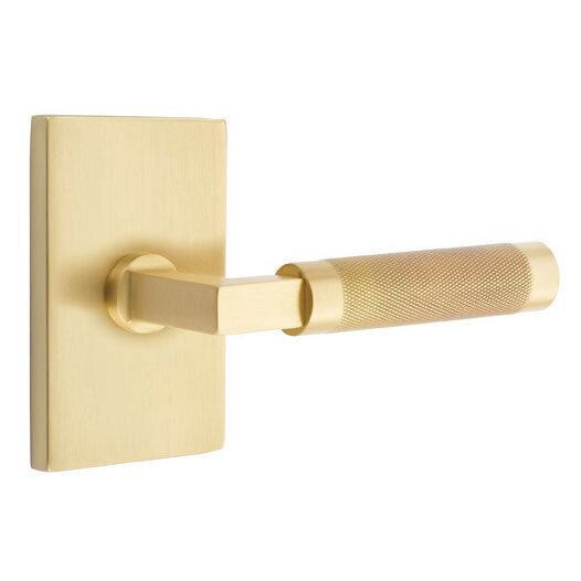 Passage Knurled Right Handed Lever with L-Square Stem and Modern Rectangular Rose in Satin Brass