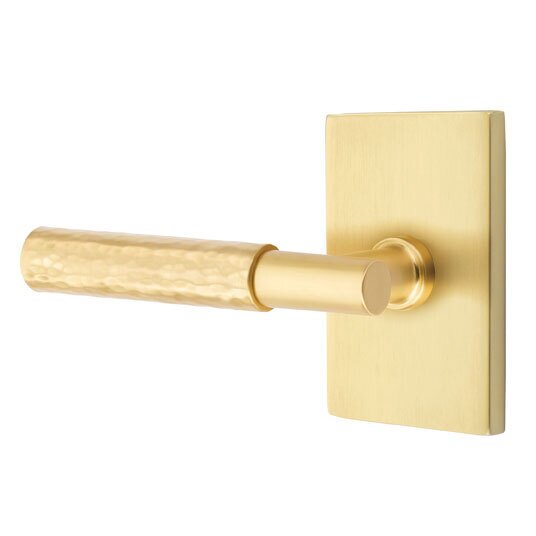 Passage Hammered Left Handed Lever with T-Bar Stem and Modern Rectangular Rose in Satin Brass