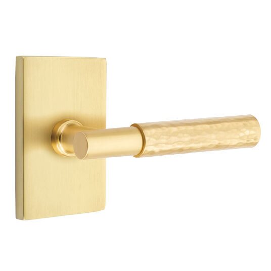Passage Hammered Right Handed Lever with T-Bar Stem and Modern Rectangular Rose in Satin Brass