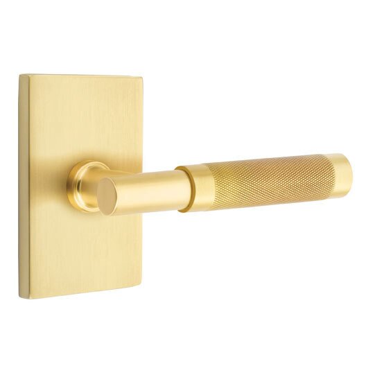 Passage Knurled Right Handed Lever with T-Bar Stem and Modern Rectangular Rose in Satin Brass