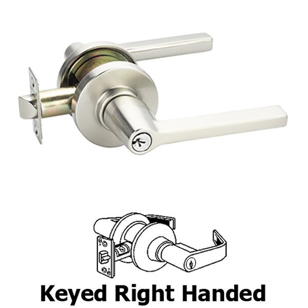 Keyed Right Handed Helios Lever With Disk Rose in Satin Nickel