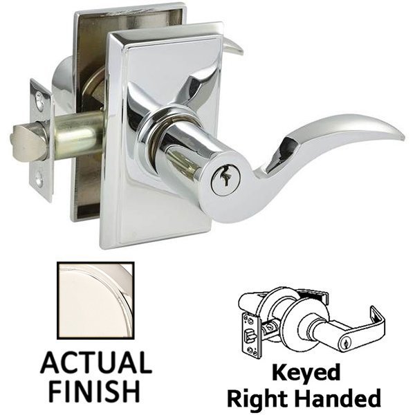 Keyed Right Handed Cortina Lever With Rectangular Rose in Polished Nickel