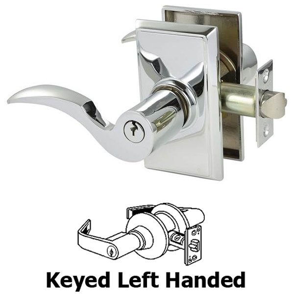 Keyed Left Handed Cortina Lever With Rectangular Rose in Polished Chrome
