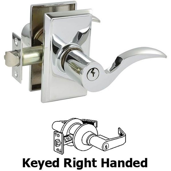 Keyed Right Handed Cortina Lever With Rectangular Rose in Polished Chrome