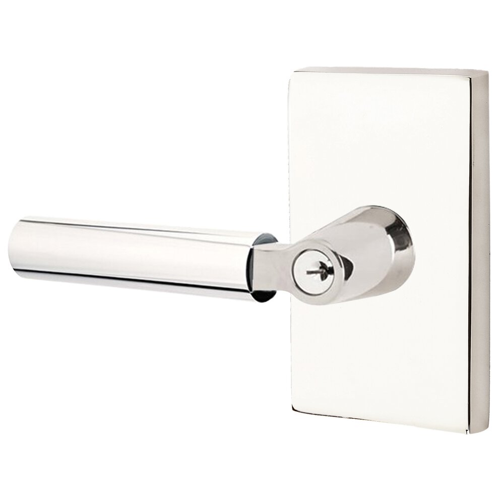 Keyed Left Handed Hercules Lever With Modern Rectangular Rose in Polished Nickel