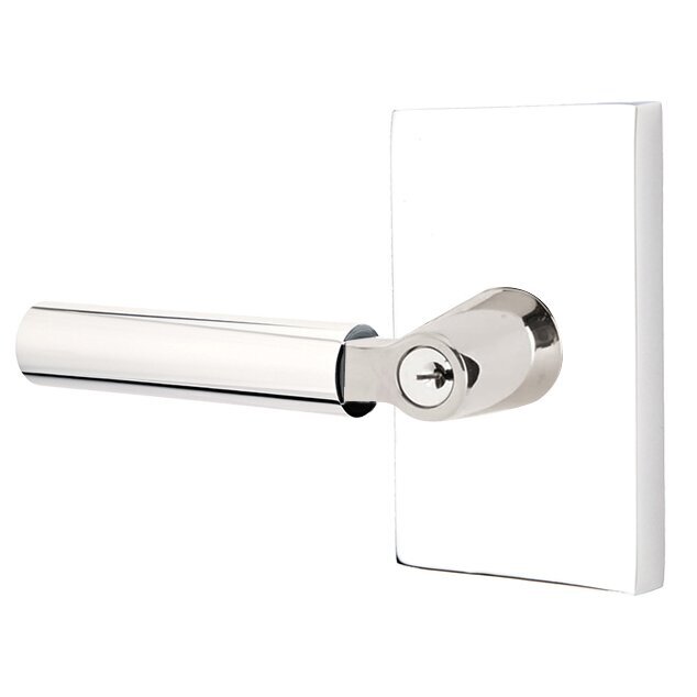 Keyed Left Handed Hercules Lever With Modern Rectangular Rose in Polished Chrome