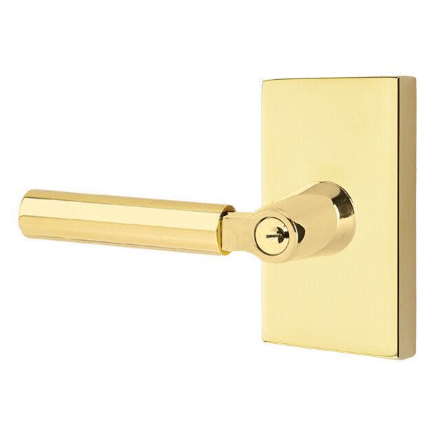 Keyed Left Handed Hercules Lever With Modern Rectangular Rose in Unlacquered Brass