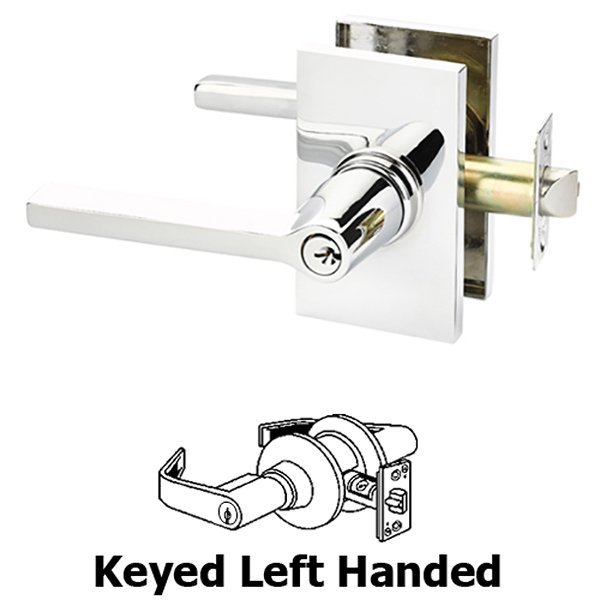Keyed Left Handed Helios Lever With Modern Rectangular Rose in Polished Chrome