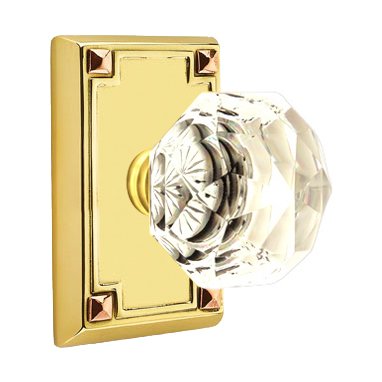 Diamond Privacy Door Knob with Arts & Crafts Rectangular Rose in Unlacquered Brass