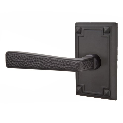 Left Handed Privacy Hammered Door Lever with Arts & Crafts Rectangular Rose in Flat Black