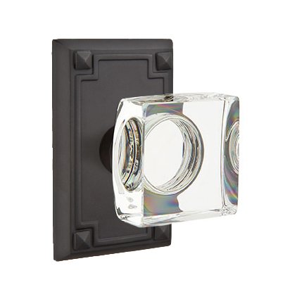 Modern Square Glass Privacy Door Knob and Arts & Crafts Rectangular Rose with Concealed Screws in Flat Black