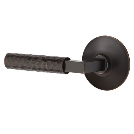 Privacy Hammered Left Handed Lever with L-Square Stem and Modern Rose in Oil Rubbed Bronze
