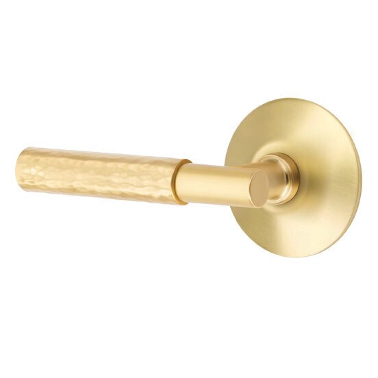 Privacy Hammered Left Handed Lever with T-Bar Stem and Modern Rose in Satin Brass
