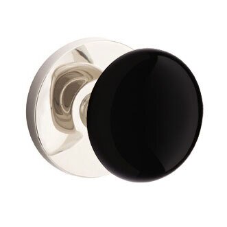 Privacy Ebony Porcelain Knob With Modern Disk Rosette in Polished Nickel