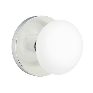 Privacy Ice White Porcelain Knob With Modern Disk Rosette in Polished Chrome