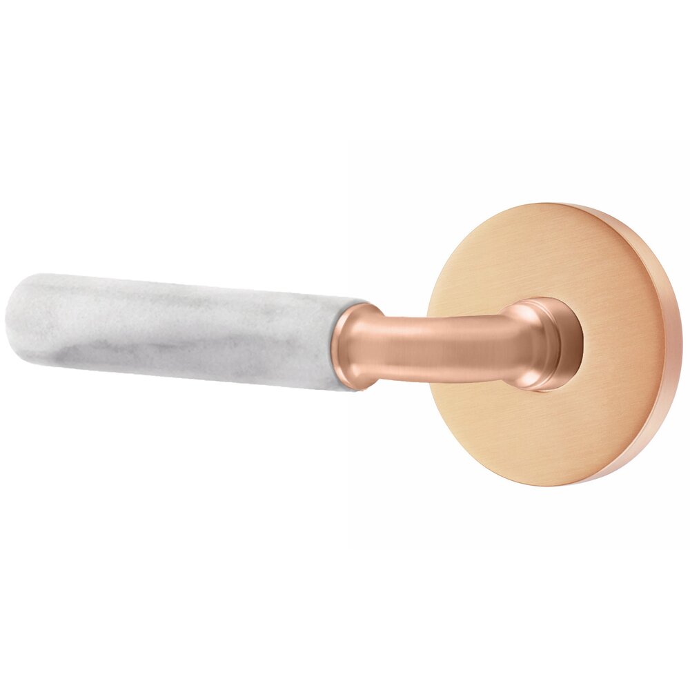 Privacy White Marble Left Handed Lever with R-Bar Stem and Disk Rose in Satin Rose Gold