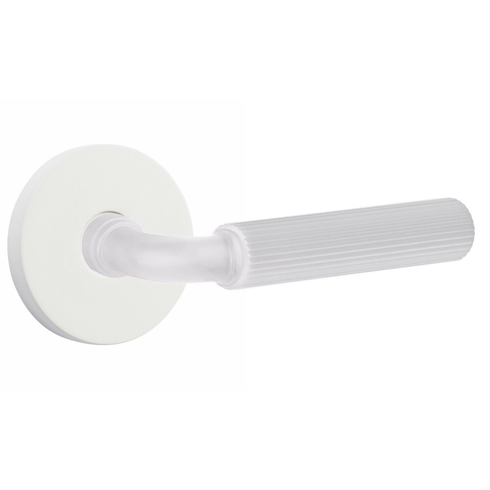 Privacy Straight Knurled Right Handed Lever with R-Bar Stem and Disk Rose in Matte White