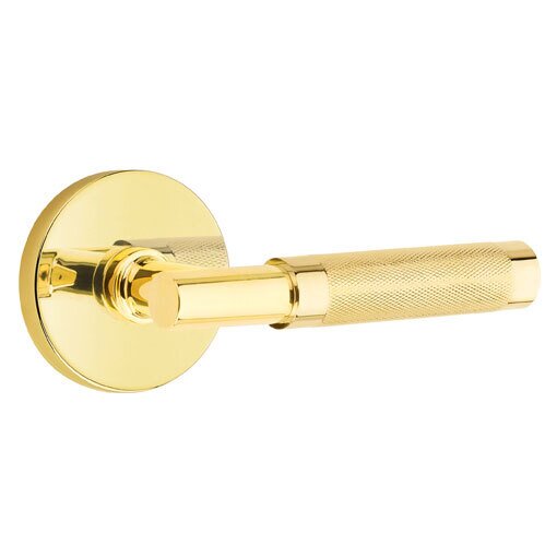 Privacy Knurled Right Handed Lever with T-Bar Stem and Disc Rose in Unlacquered Brass