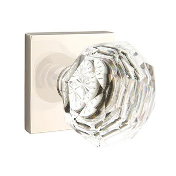 Diamond Privacy Door Knob with Square Rose in Polished Nickel