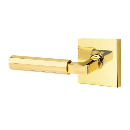 Privacy Hercules Left Handed Door Lever And Square Rose with Concealed Screws in Unlacquered Brass