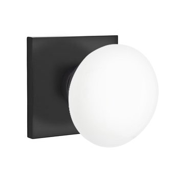 Privacy Ice White Porcelain Knob With Modern Square Rosette in Flat Black