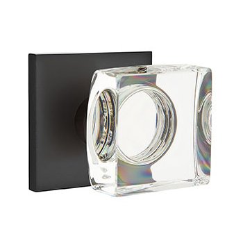 Modern Square Glass Privacy Door Knob and Square Rose with Concealed Screws in Flat Black
