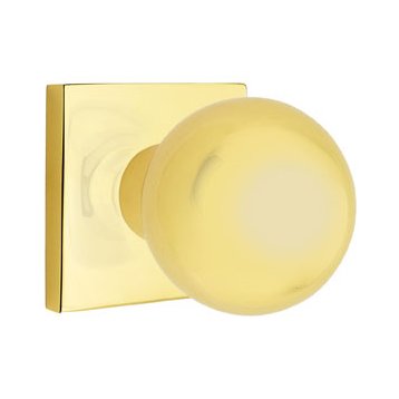Privacy Orb Door Knob With Square Rose in Unlacquered Brass