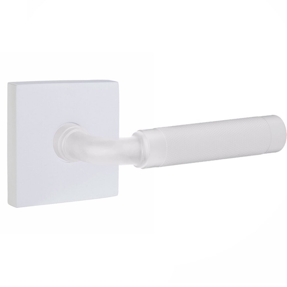 Privacy Knurled Right Handed Lever with R-Bar Stem and Square Rose in Matte White