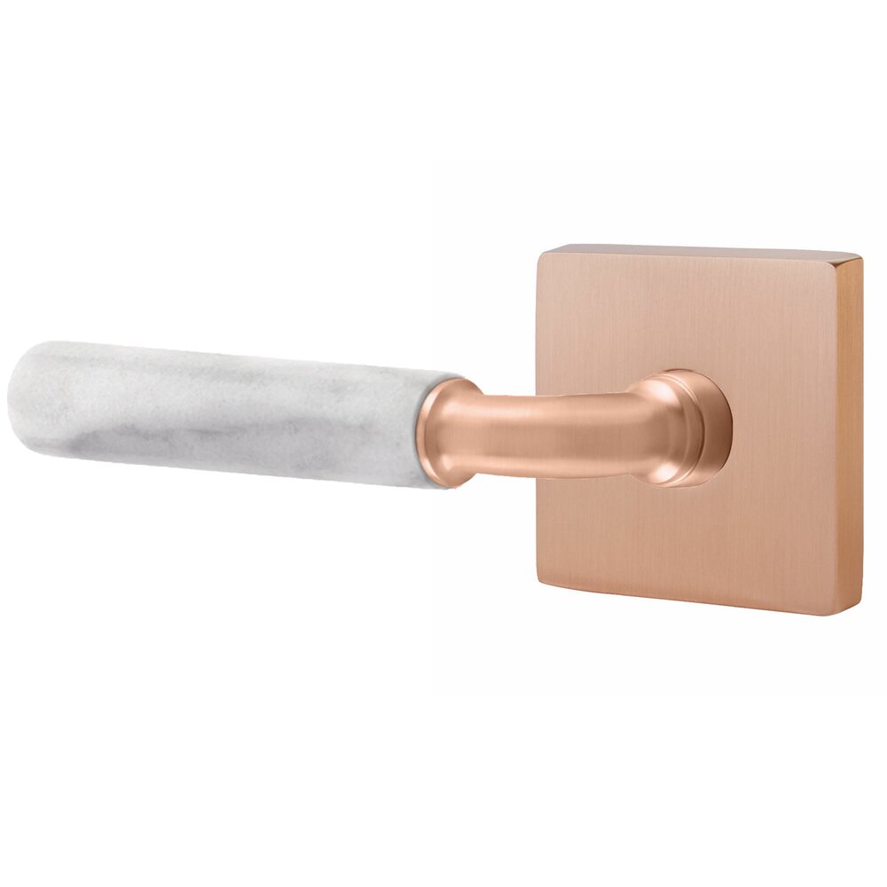 Privacy White Marble Left Handed Lever with R-Bar Stem and Square Rose in Satin Rose Gold
