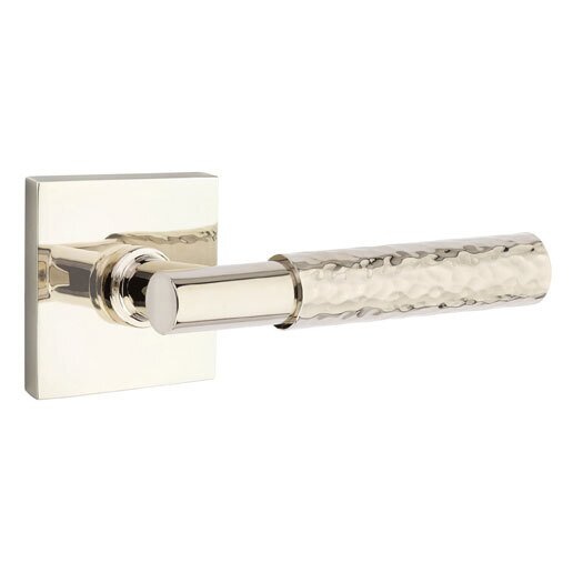 Privacy Hammered Right Handed Lever with T-Bar Stem and Square Rose in Polished Nickel