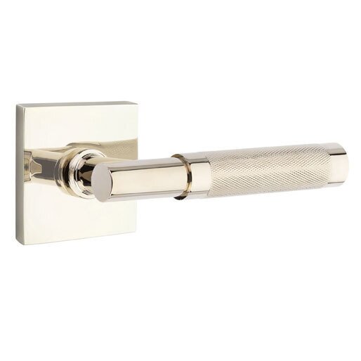 Privacy Knurled Right Handed Lever with T-Bar Stem and Square Rose in Polished Nickel