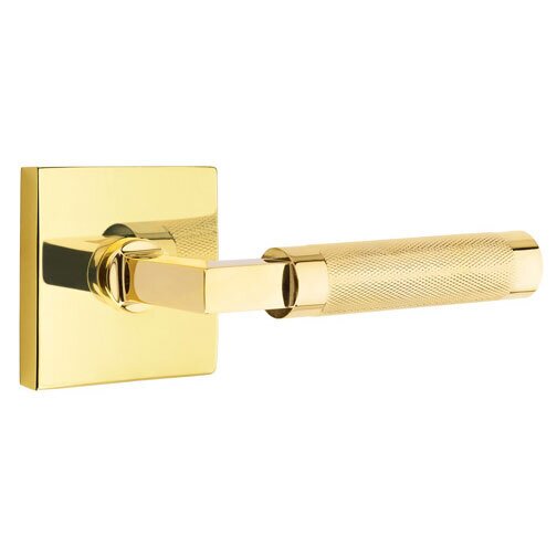 Privacy Knurled Right Handed Lever with L-Square Stem and Square Rose in Unlacquered Brass