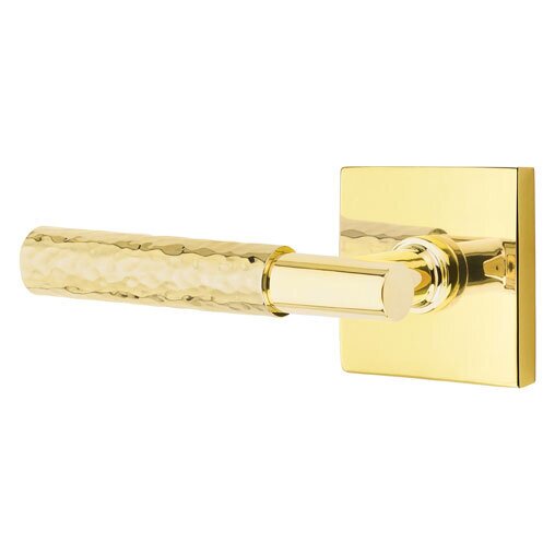 Privacy Hammered Left Handed Lever with T-Bar Stem and Square Rose in Unlacquered Brass