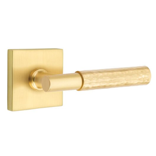 Privacy Hammered Right Handed Lever with T-Bar Stem and Square Rose in Satin Brass