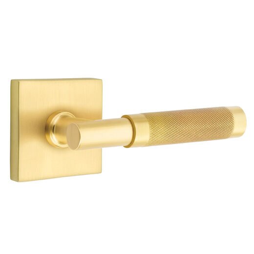 Privacy Knurled Right Handed Lever with T-Bar Stem and Square Rose in Satin Brass