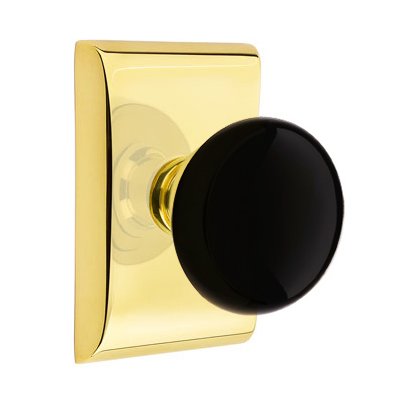 Privacy Ebony Porcelain Knob With Neos Rosette in Unlacquered Brass