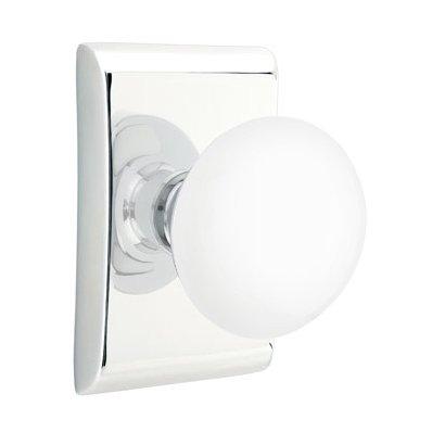 Privacy Ice White Porcelain Knob With Neos Rosette in Polished Chrome