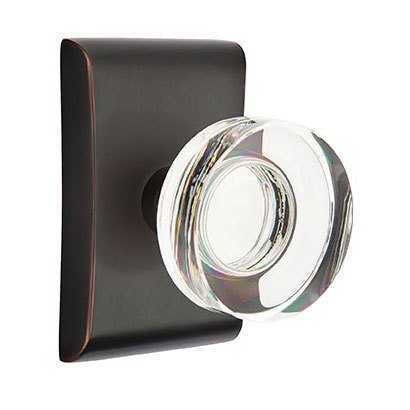 Modern Disc Glass Privacy Door Knob and Neos Rose with Concealed Screws in Oil Rubbed Bronze