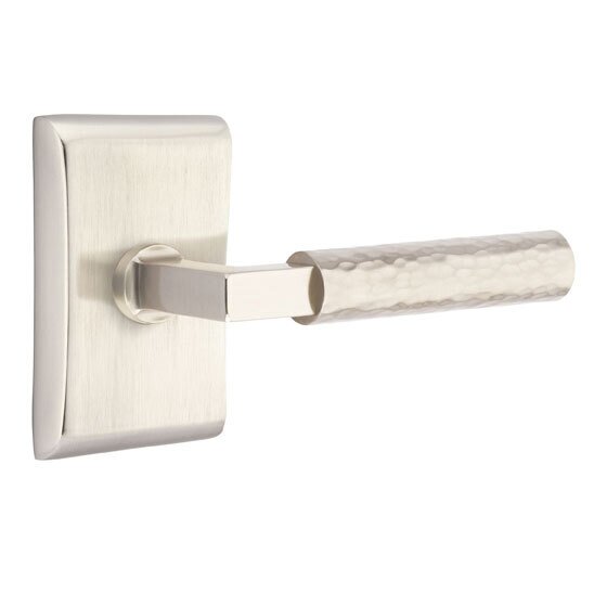 Privacy Hammered Right Handed Lever with L-Square Stem and Neos Rose in Satin Nickel