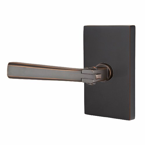 Left Handed Privacy Arts & Crafts Door Lever with Modern Rectangular Rose in Oil Rubbed Bronze
