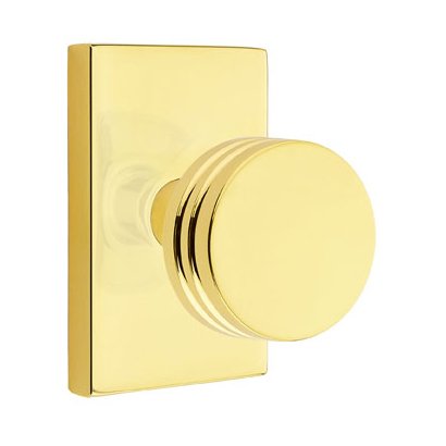 Privacy Bern Door Knob With Modern Rectangular Rose in Unlacquered Brass