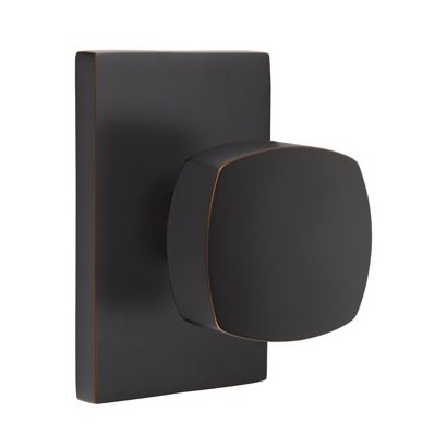 Privacy Freestone Door Knob With Modern Rectangular Rose in Oil Rubbed Bronze