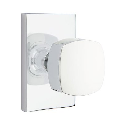 Privacy Freestone Door Knob And Modern Rectangular Rose With Concealed Screws in Polished Chrome