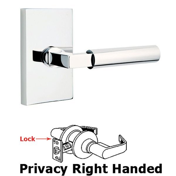 Privacy Hercules Right Handed Door Lever With Modern Rectangular Rose in Polished Chrome
