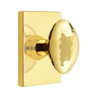 Privacy Hammered Egg Door Knob And Modern Rectangular Rose With Concealed Screws in Unlacquered Brass